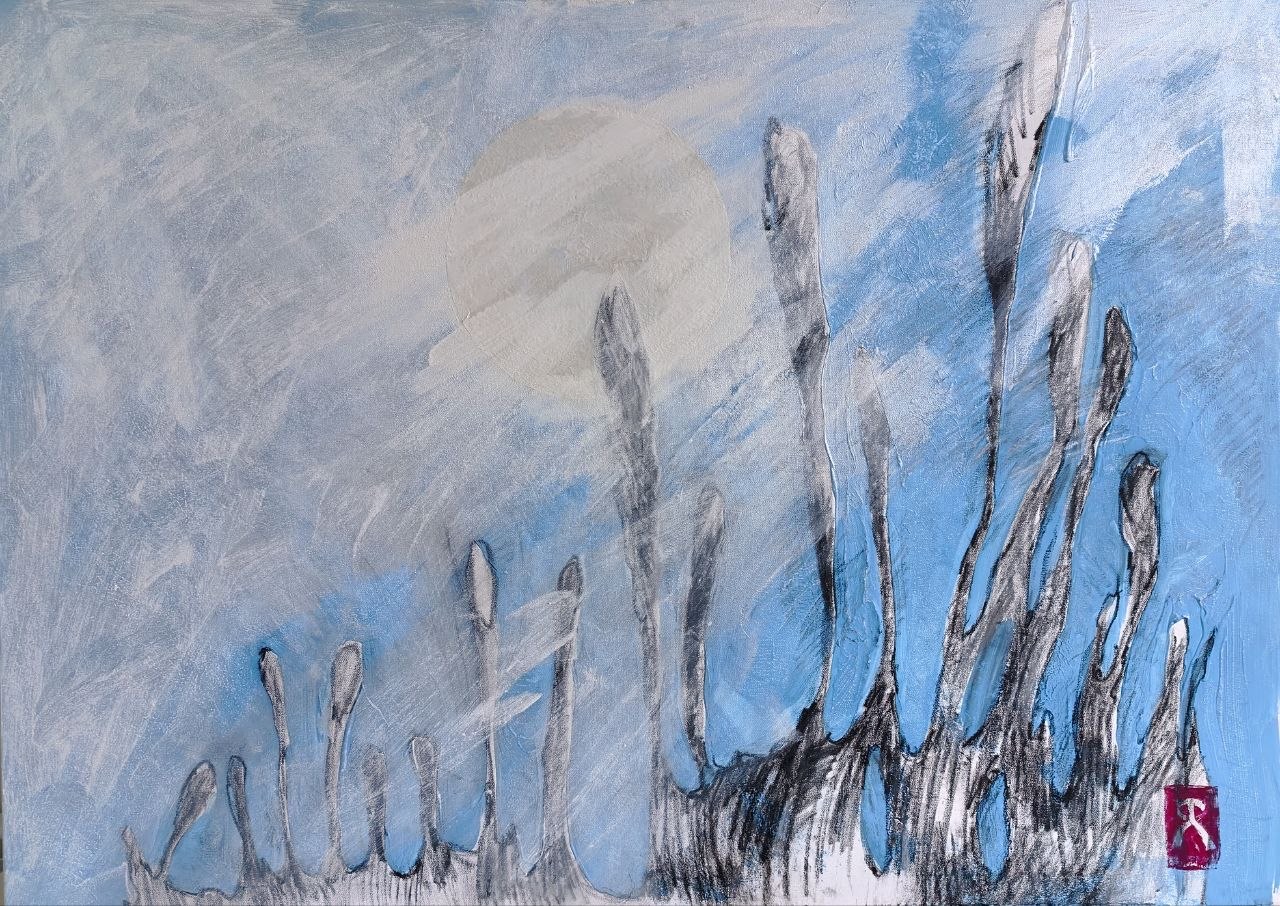 Olga Brovkina. Winter Sun: pale grasses and glints on a light blue ground