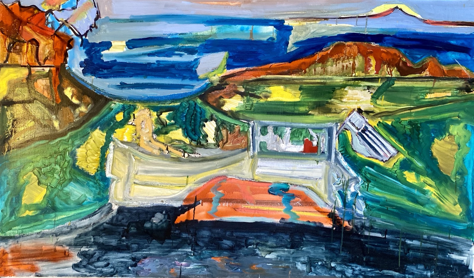 Artem Diatyan. Schooner in Puget Sound: a schooner by the shore in broad strokes of blue, yellow and red