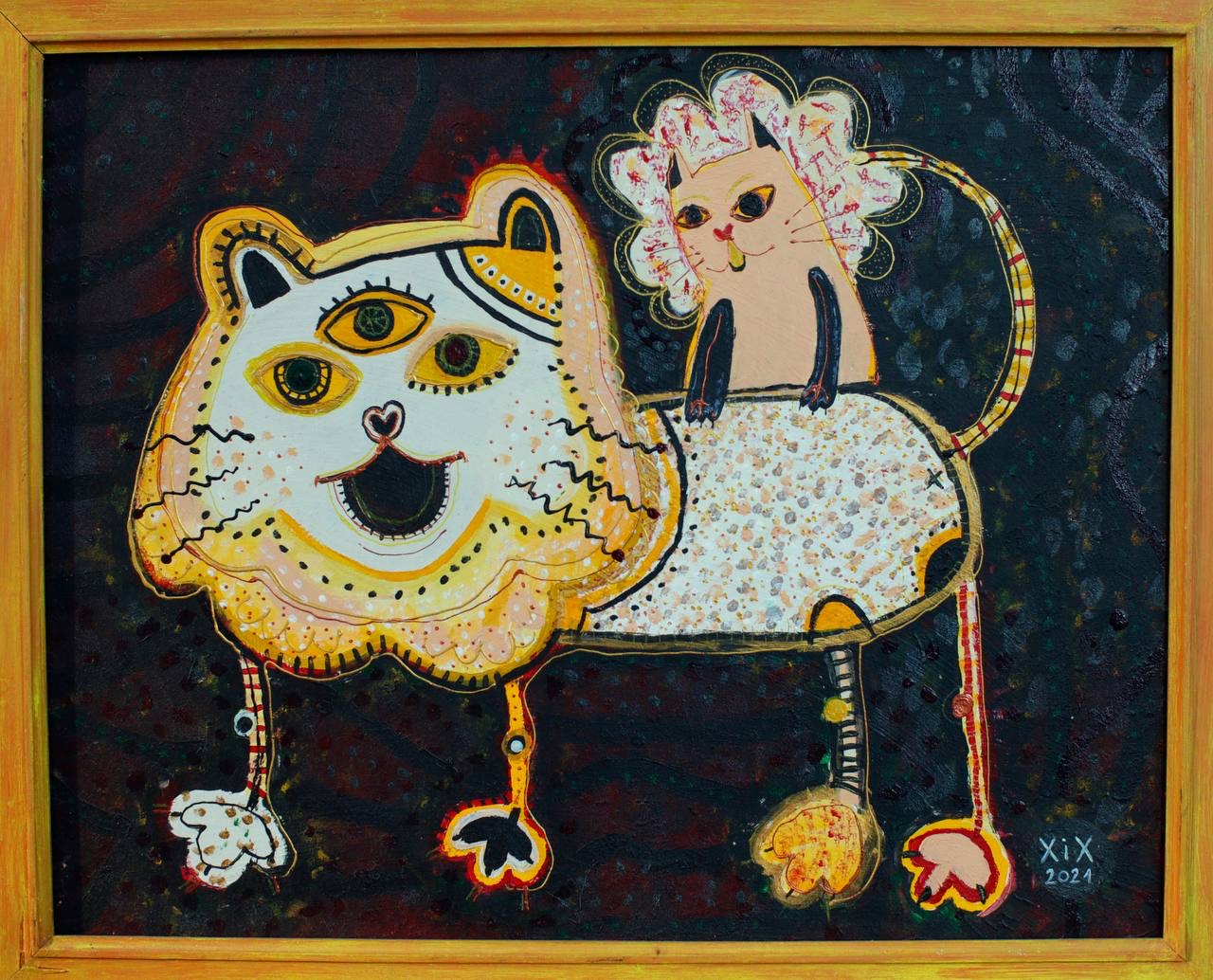Sasha Pirozhok. Lyova: a patterned cat on a dark ground in a frame